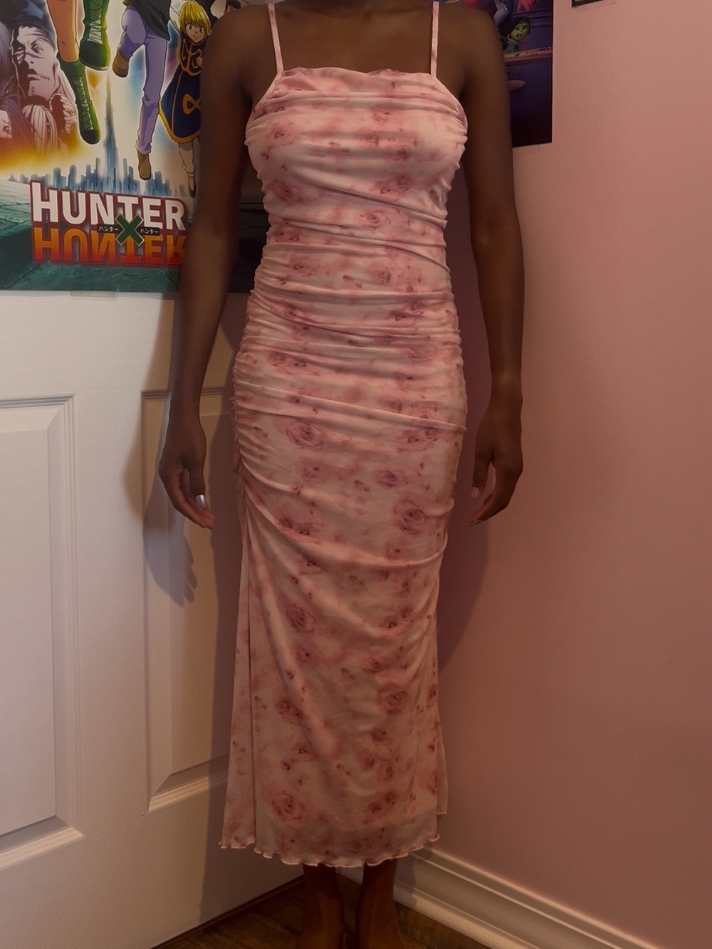 SHEIN Pink Rose Print Ruched Maxi Slip Dress